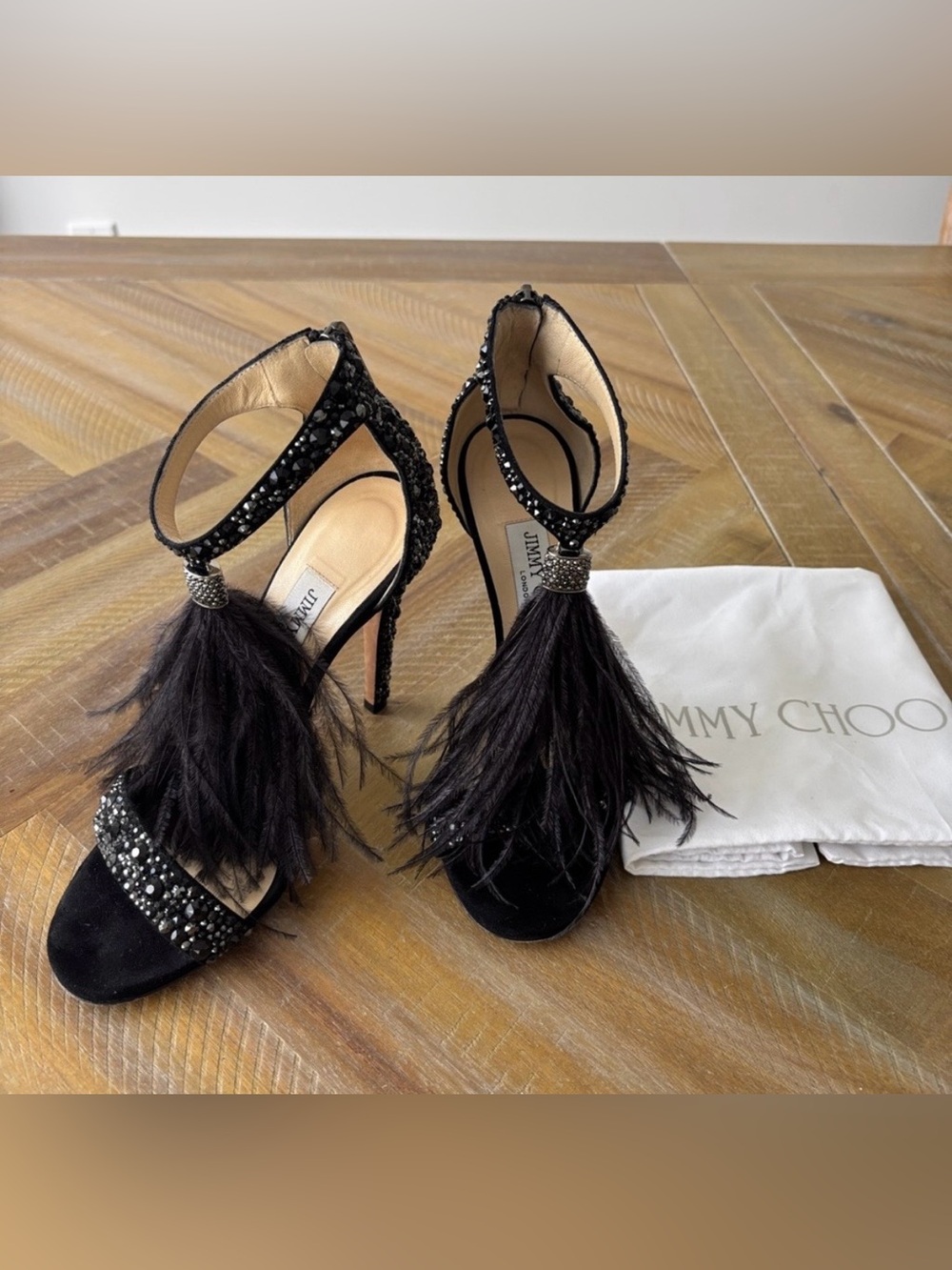 Jimmy Choo Black Feather and Crystal Embellished Stiletto Heels